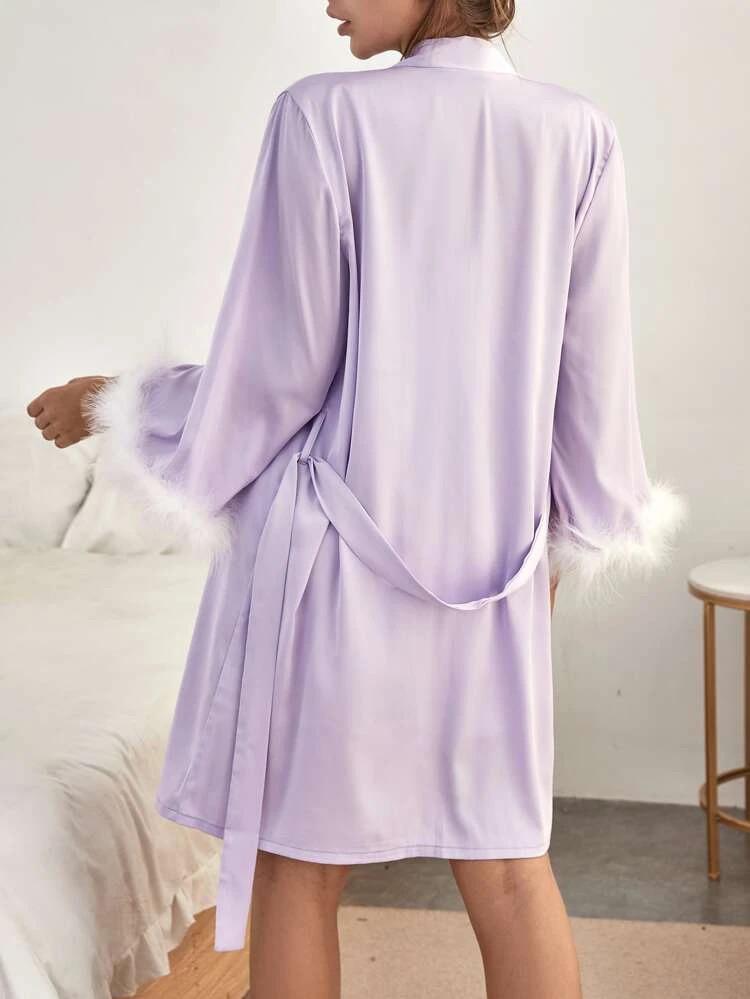 Belted Satin Robe & Fuzzy Trim Cami Dress PJ Set