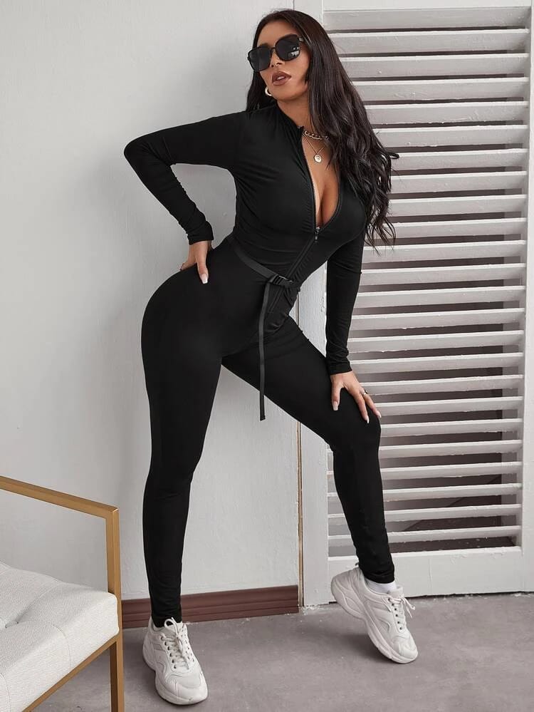 Zip Up Belted Jumpsuit freeshipping - Kendiee