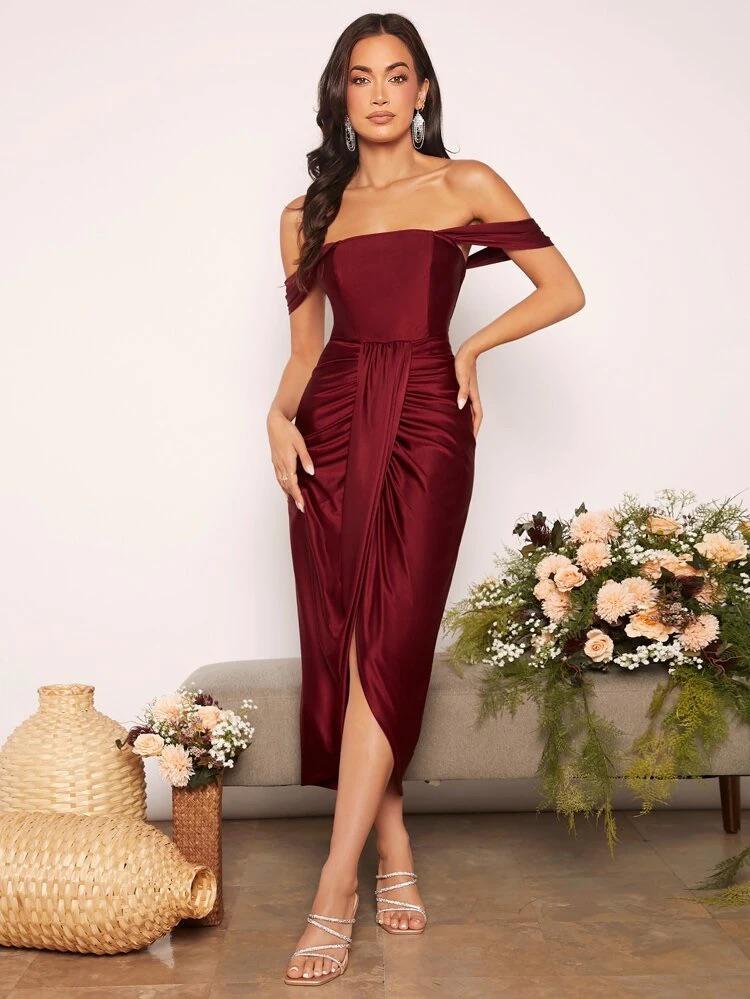 Off Shoulder Ruched Wrap Bridesmaid Dress