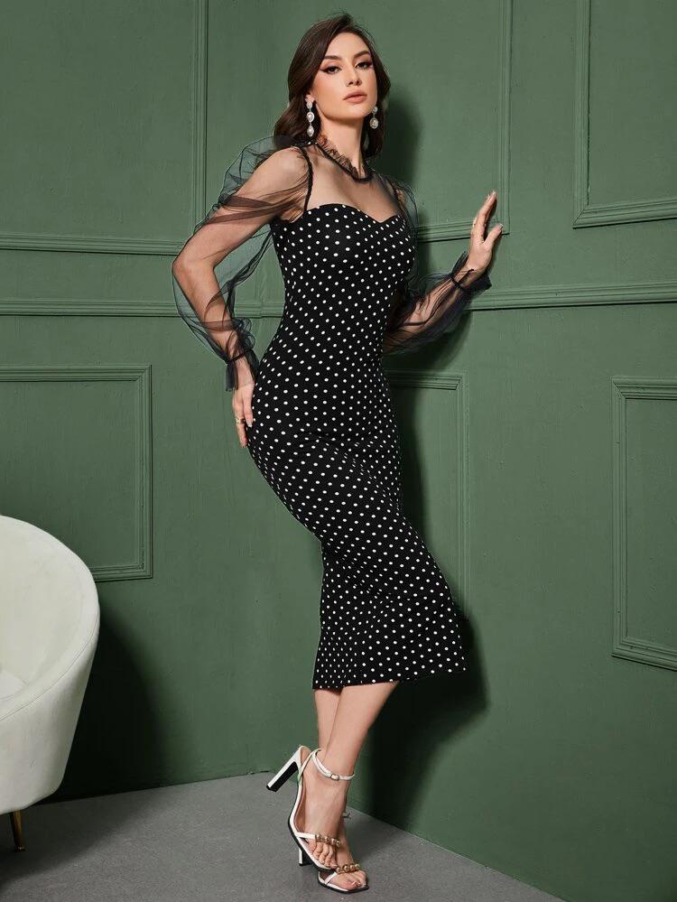 Sheer Mesh Yoke Gigot Sleeve Polka Dot Dress