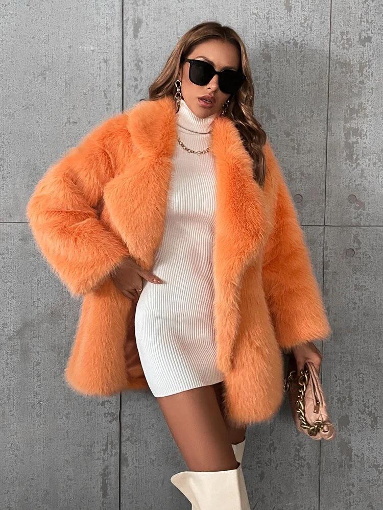 Lapel Neck Open Front Fuzzy Coat