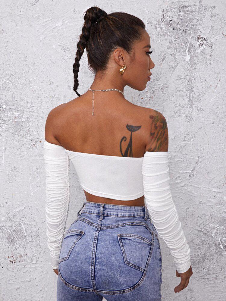 Ruched Drawstring Off-The Shoulder Crop Top freeshipping - Kendiee