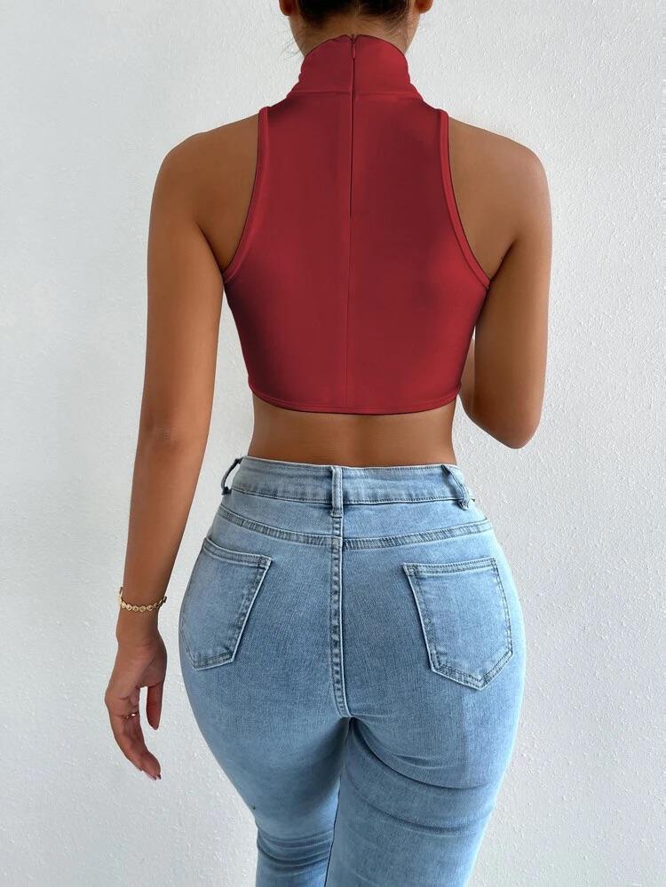 Mock Neck Asymmetrical Hem Crop Satin Tank Top