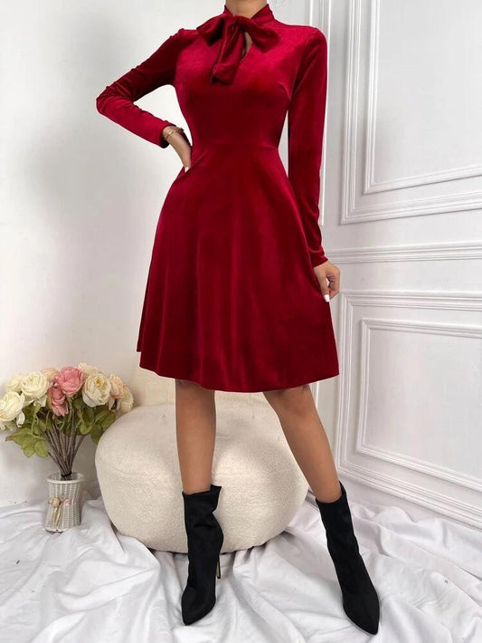 Cut Out Tie Neck Velvet Dress freeshipping - Kendiee