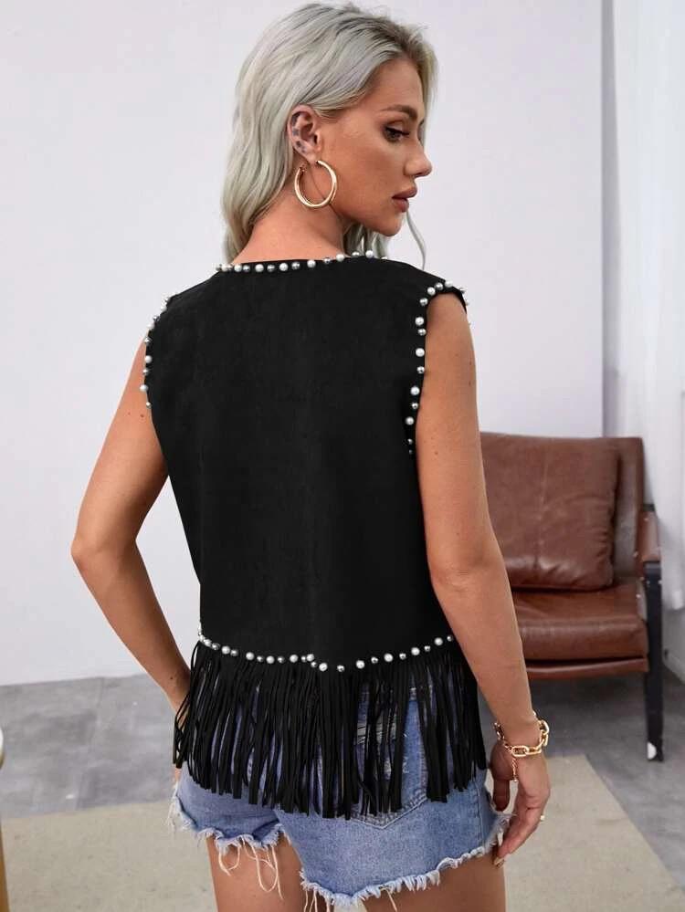 Beaded Fringe Hem Faux Suede Vest Jacket