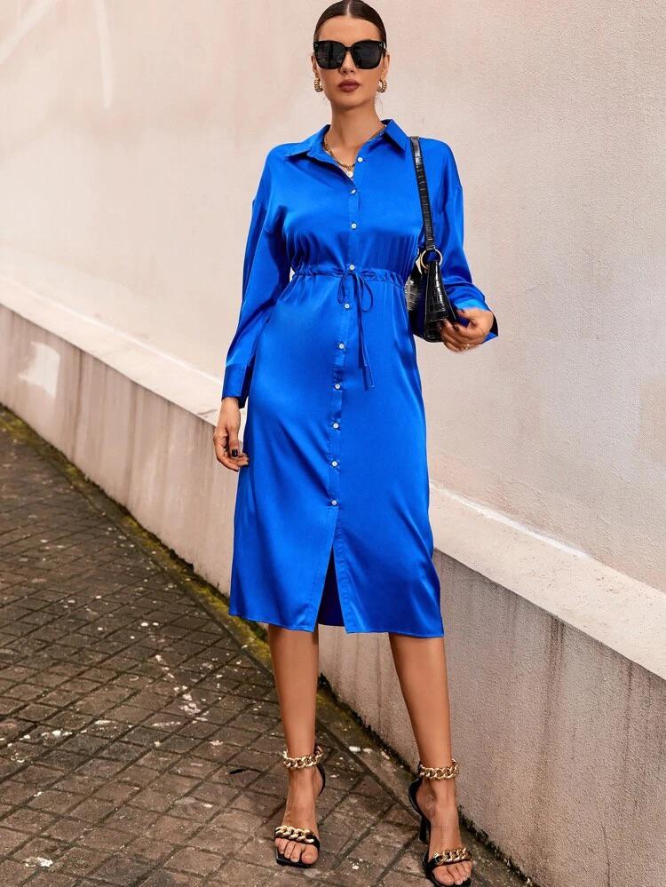 Drop Shoulder Drawstring Waist Shirt Dress