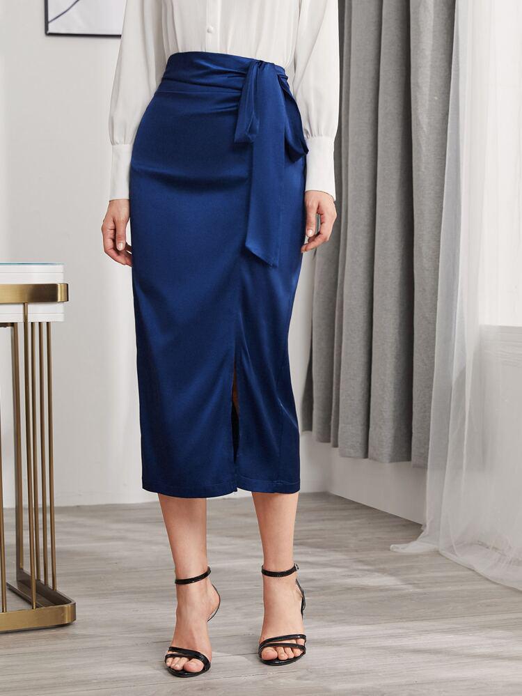 Tie Side Split Hem Satin Skirt freeshipping - Kendiee