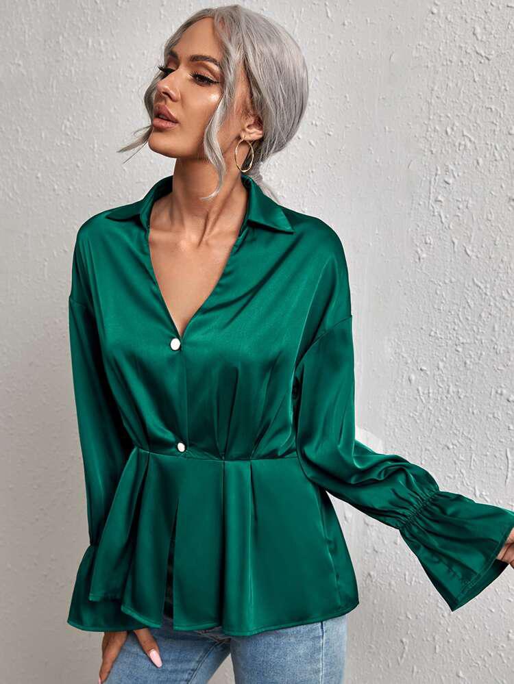 Solid Flounce Sleeve Satin Blouse freeshipping - Kendiee