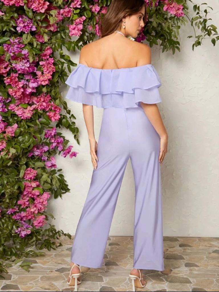 Off Shoulder Ruffle Trim Wide Leg Jumpsuit