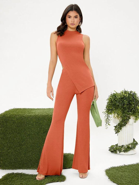 Mock Neck Slit Hem Tank Top And Pants Set