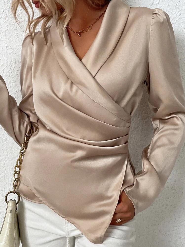 Puff Sleeve Ruched Surplice Front Asymmetrical Hem Satin Blouse