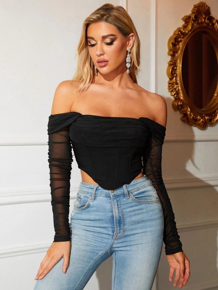 Off Shoulder High-Low Hem Ruched Mesh Corset Top