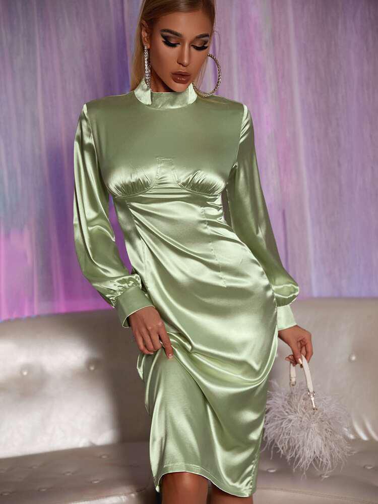 Satin Solid Split Back Fitted Dress freeshipping - Kendiee