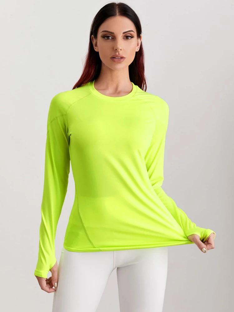 Neon Green Raglan Sleeve Sports Tee With Thumb Holes