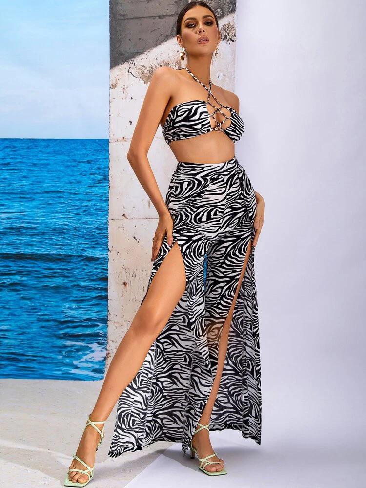 Zebra Print Cami Top & Split Thigh Pants Set