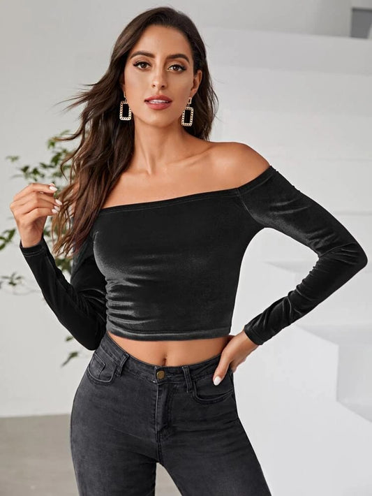 Off The Shoulder Crop Velvet Tee freeshipping - Kendiee