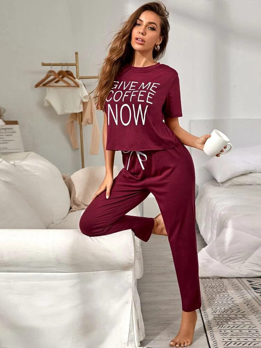 Slogan Graphic Tee With Pants PJ Set freeshipping - Kendiee