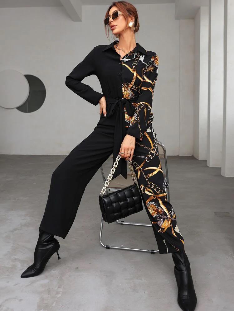 Tassel & Chain Print Knot Front Shirt Jumpsuit