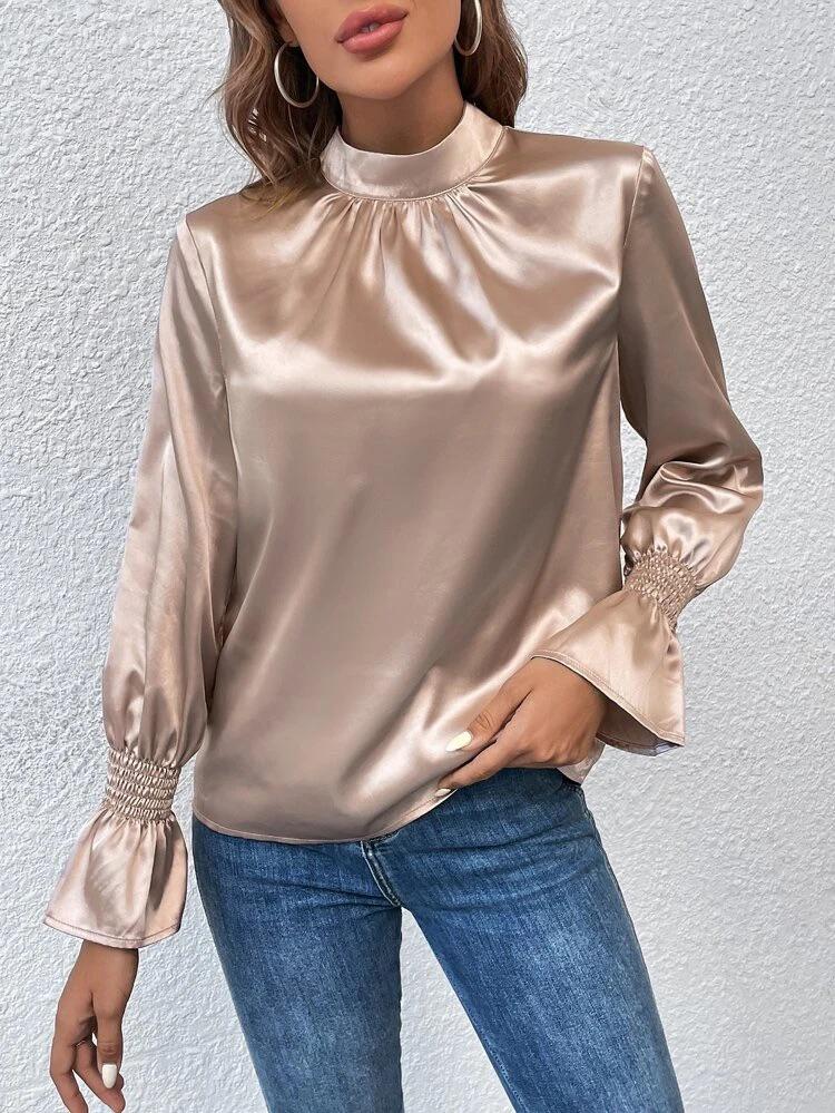 Mock Neck Flounce Sleeve Satin Blouse