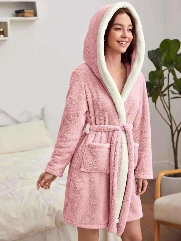 Dual Pocket Belted Hooded Flannel Robe