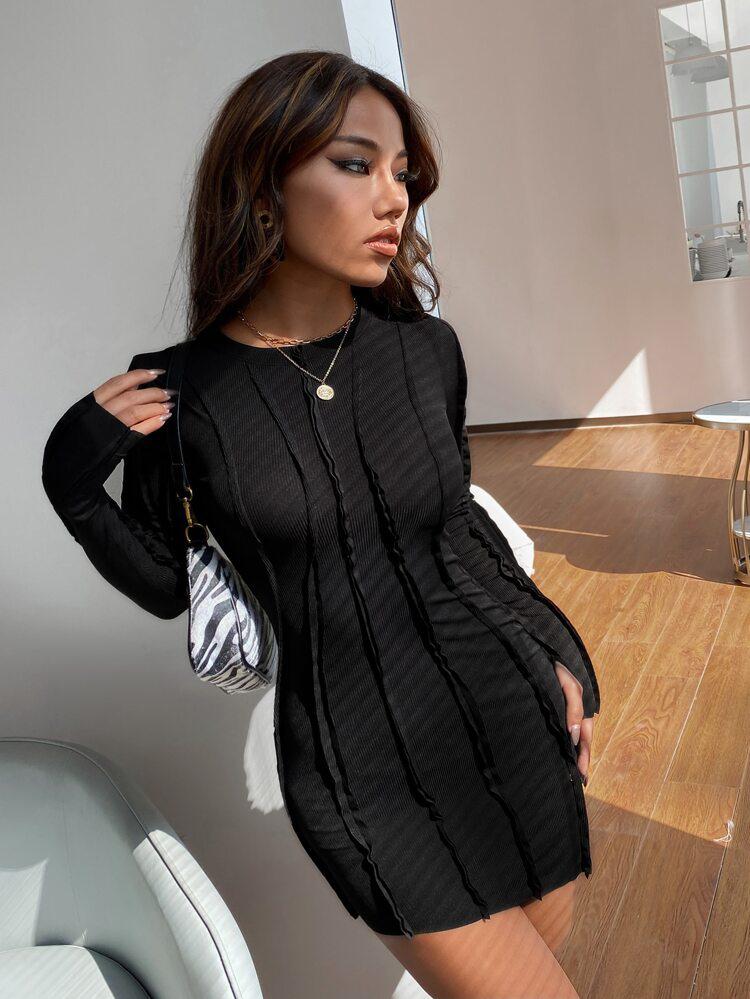 Rib-Knit Thumb Holes Bodycon Dress freeshipping - Kendiee