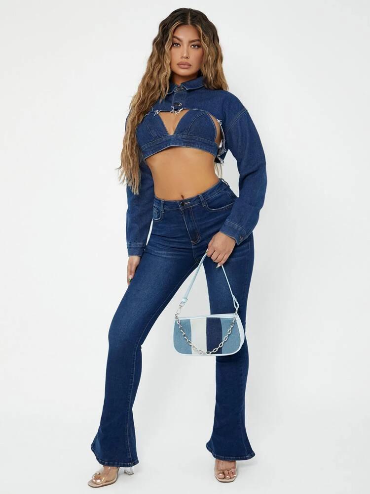 Collared Button Front Raw Hem Denim Jacket with Denim Cami Top