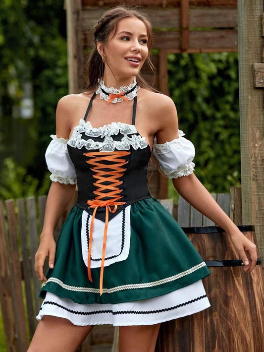 5pack Colorblock Contrast Lace-Up Maid Costume Set