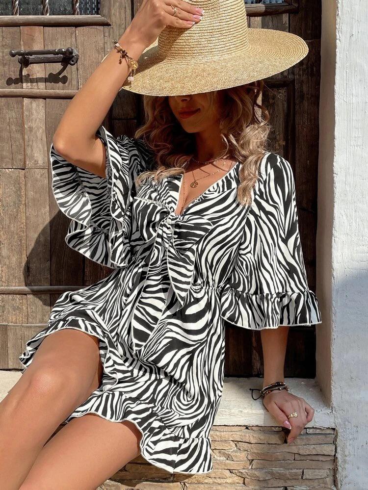 Zebra Stripe Flounce Sleeve Knot Bust Ruffle Hem Romper