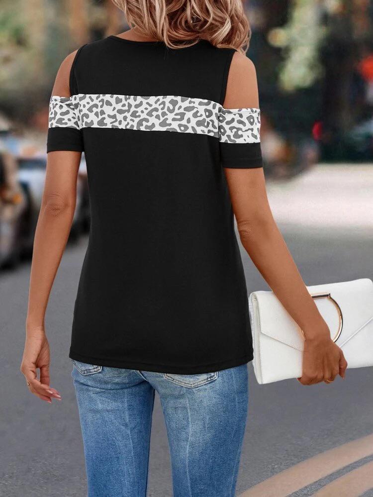 Leopard Print Cold Shoulder Tee