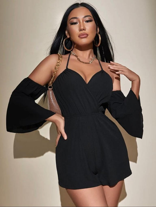 PETITE Flounce Sleeve Backless Halter Romper freeshipping - Kendiee