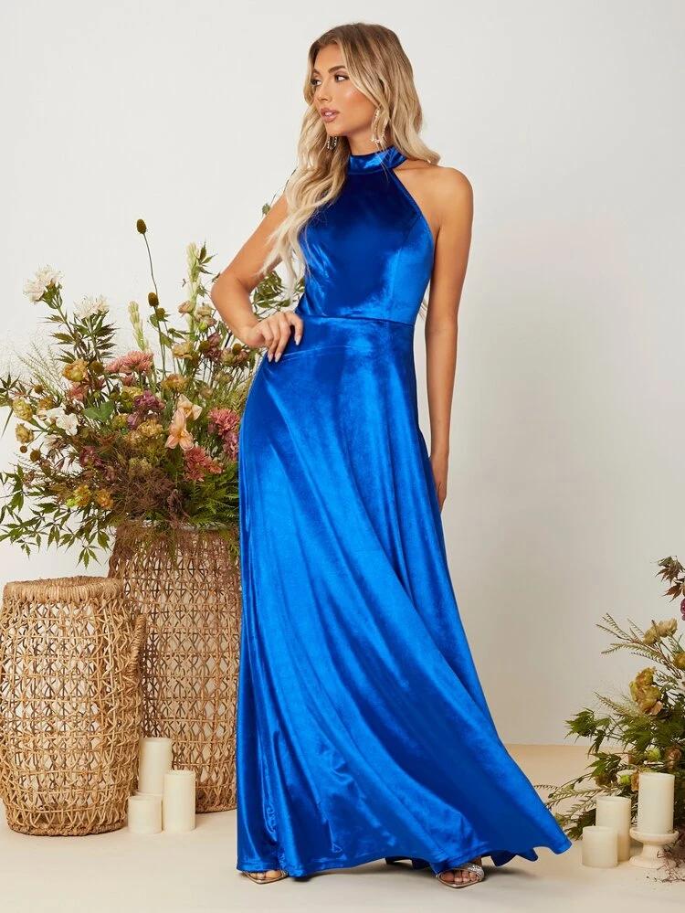 Backless Velvet Halter Prom Dress freeshipping - Kendiee