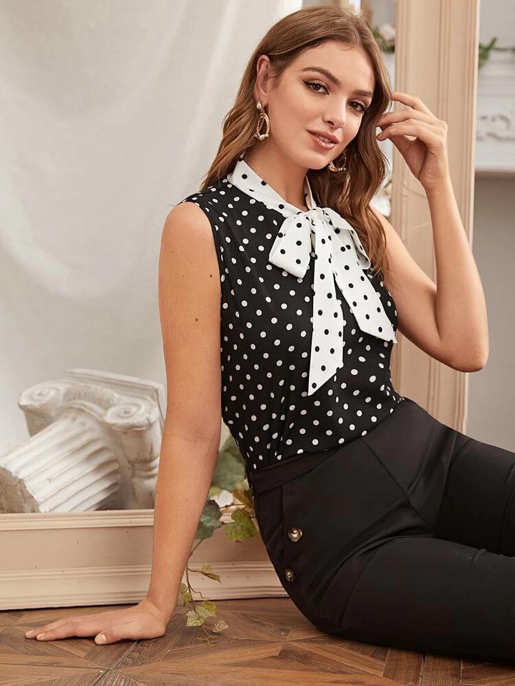 Tie Neck Polka Dot Sleeveless Blouse