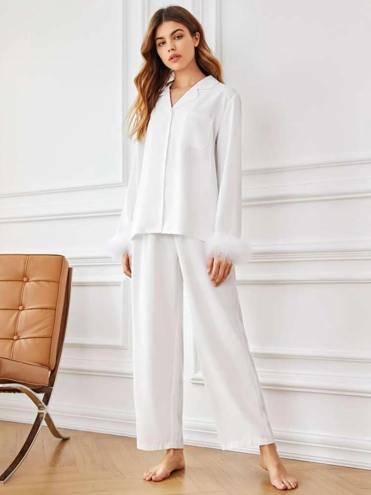 Solid Fuzzy Cuff Lapel Neck PJ Set