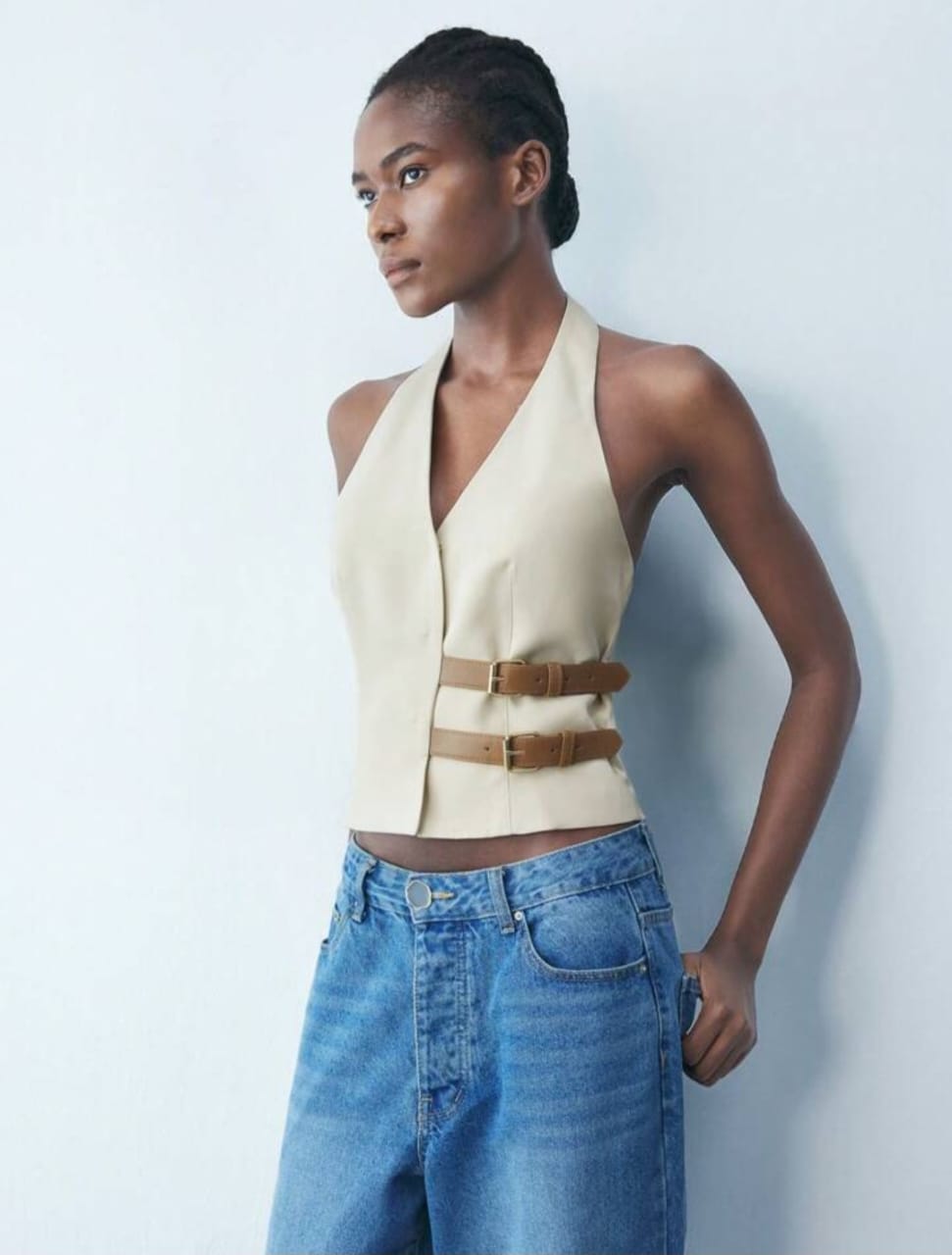 V-Neck Leather Accent Sleeveless Top