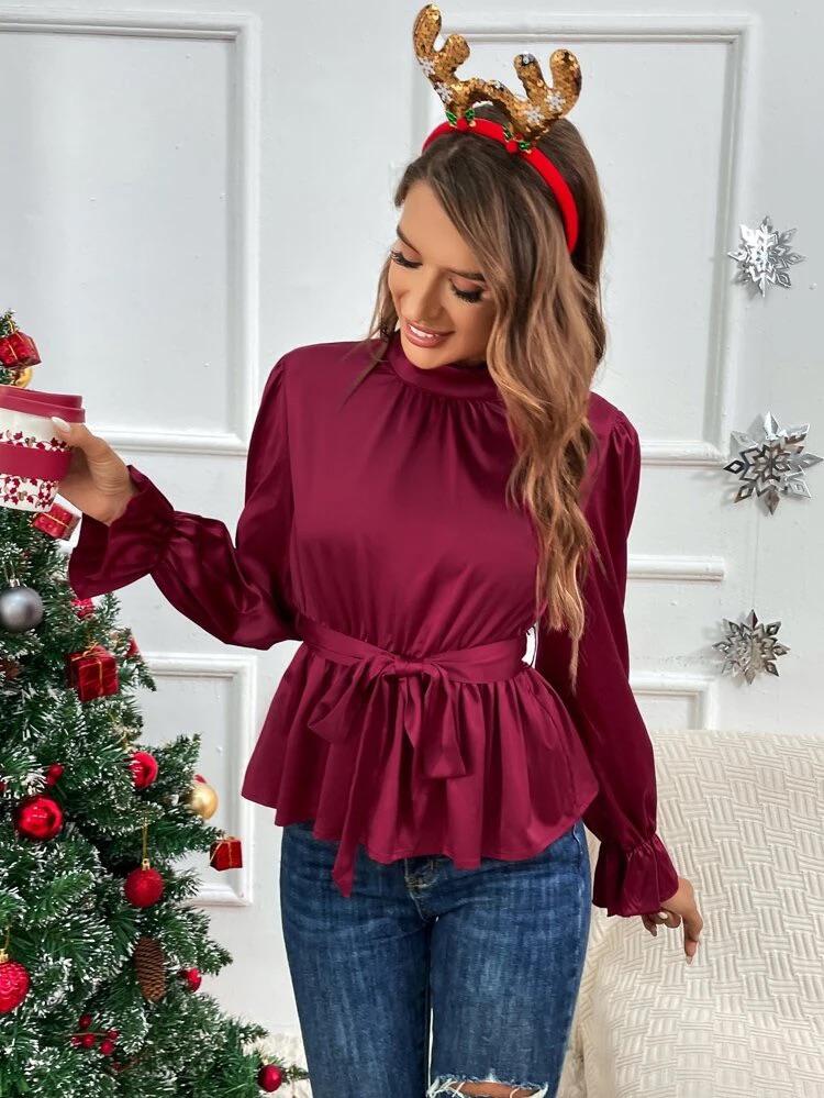 Flounce Sleeve Mock Neck Belted Satin Blouse