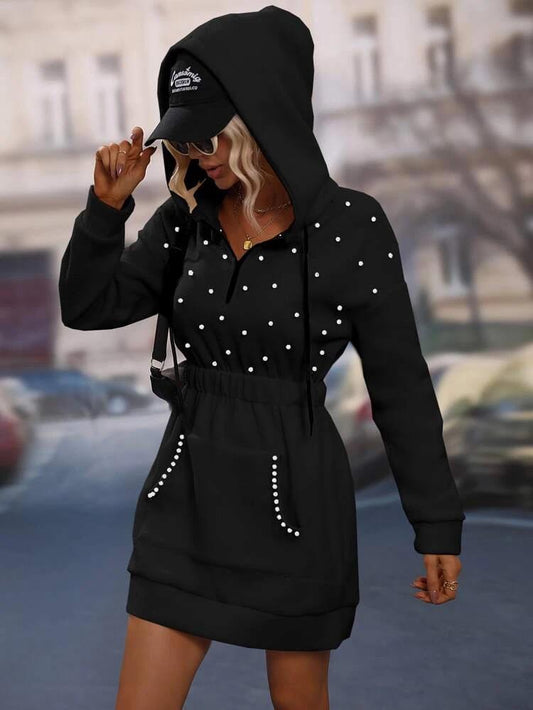 Pearls Beaded Elastic Waist Drawstring Hoodie Dress