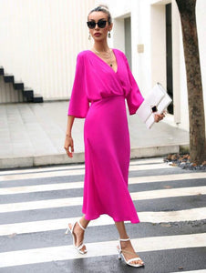 Solid Plunging Neck Flounce Sleeve Dress