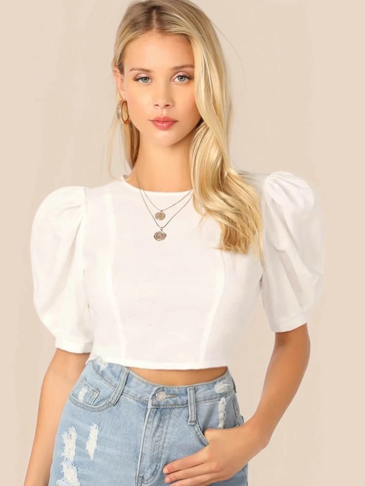 Puff Sleeve Keyhole Back Crop Top freeshipping - Kendiee