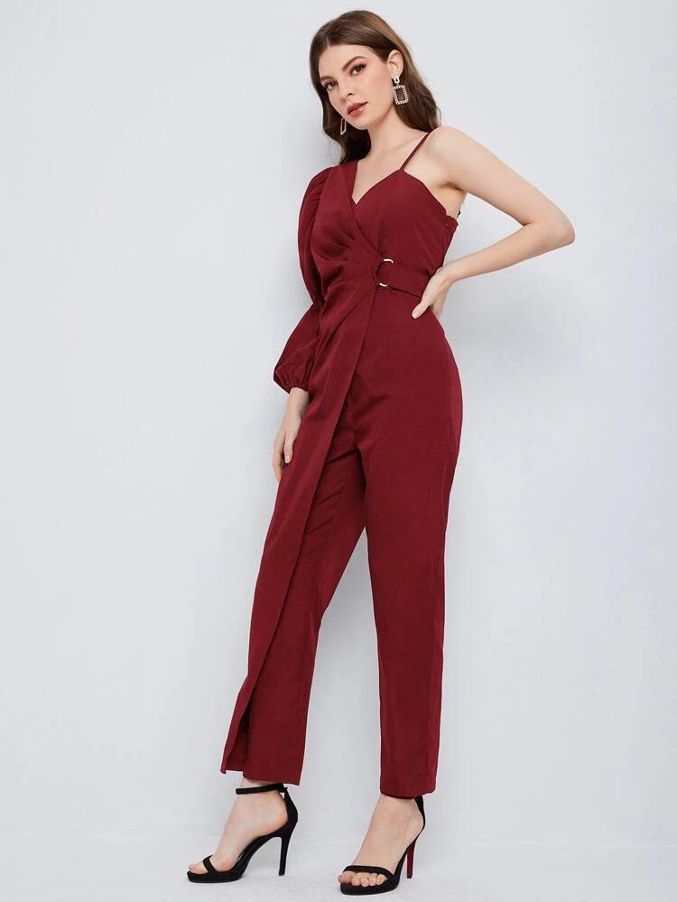 Asymmetrical Neck Gathered Sleeve Jumpsuit