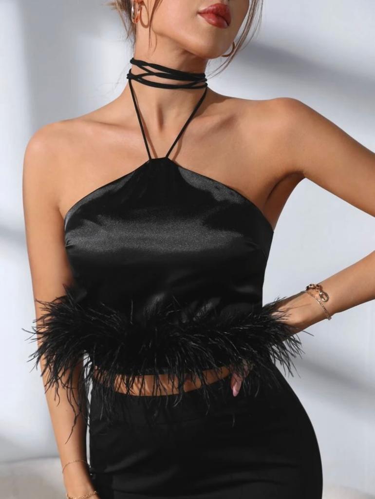 Halter Neck Fuzzy Trim Satin Crop Top