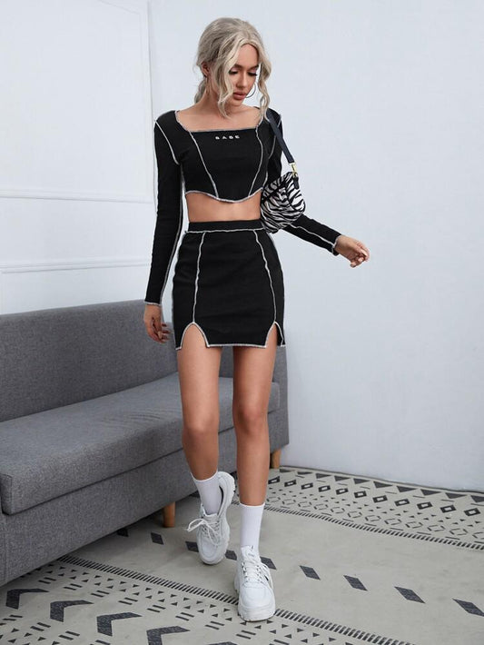 Contrast Stitch Letter Embroidered Crop Top & Slit Hem Skirt Set freeshipping - Kendiee