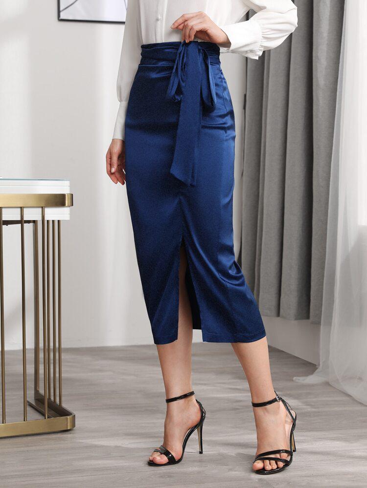 Tie Side Split Hem Satin Skirt freeshipping - Kendiee