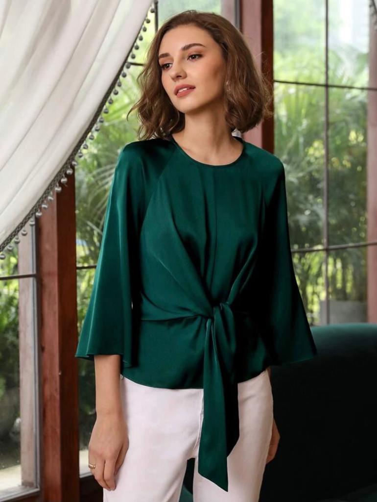 Silk Bell Sleeve Belted Top freeshipping - Kendiee