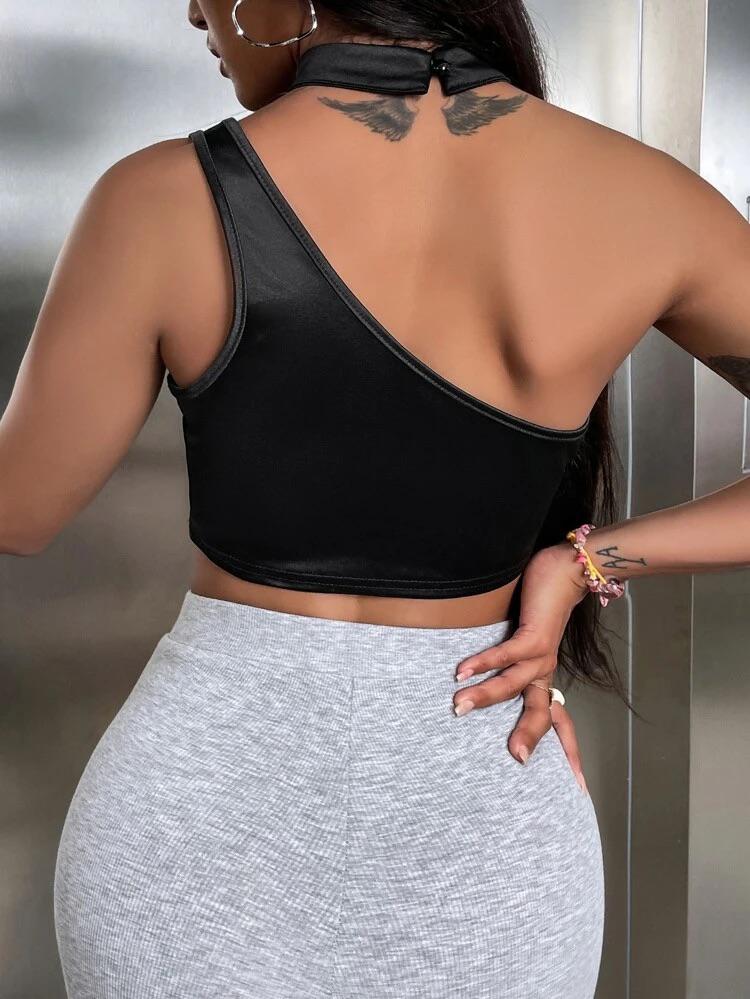 O-Ring Cut Out Asymmetrical Neck Crop Satin Top