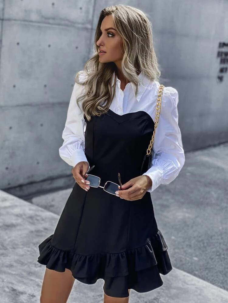 Two Tone Puff Sleeve Ruffle Hem Shirt Dress freeshipping - Kendiee