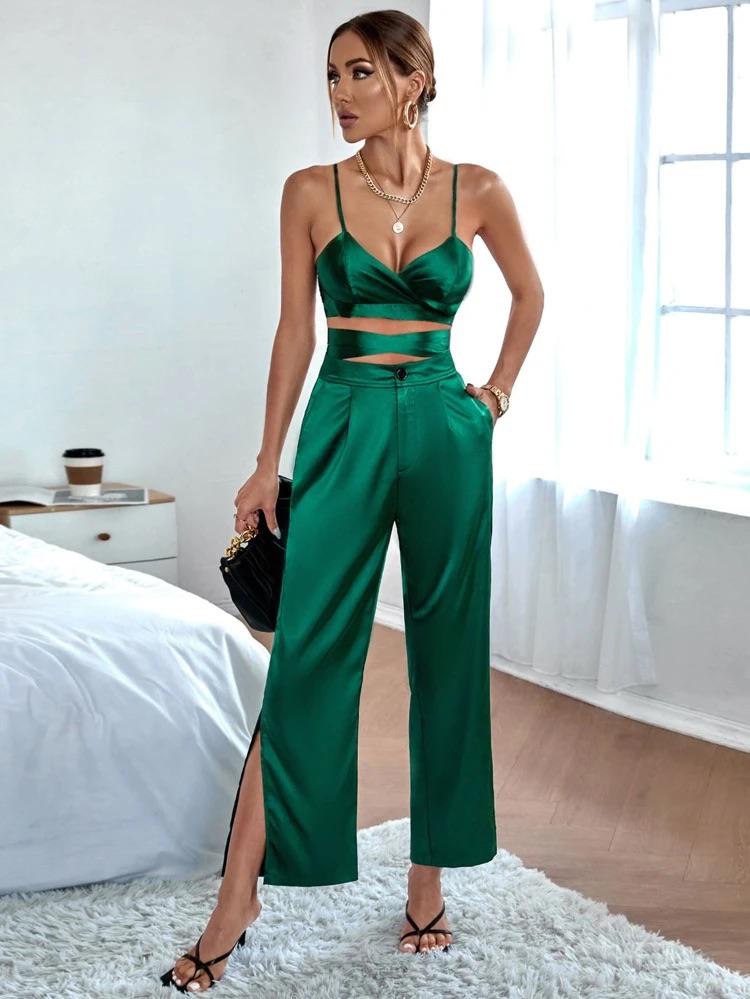 Solid Satin Criss Cross Tie Back Cami Top & Split Hem Pocket Pants