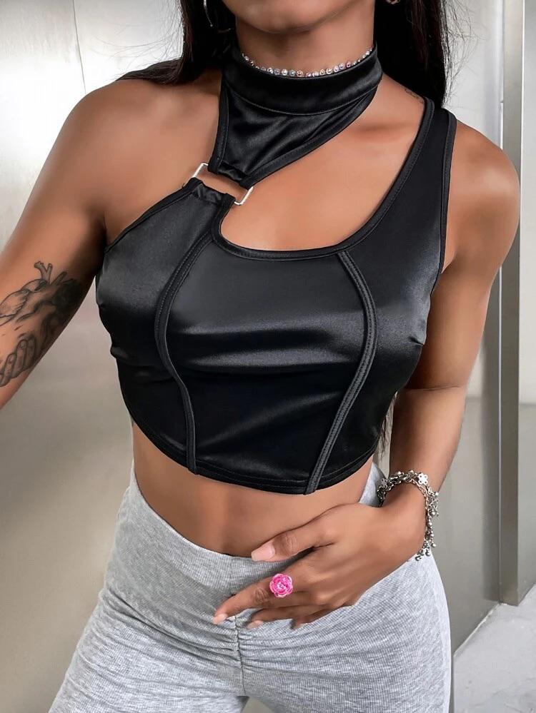 O-Ring Cut Out Asymmetrical Neck Crop Satin Top