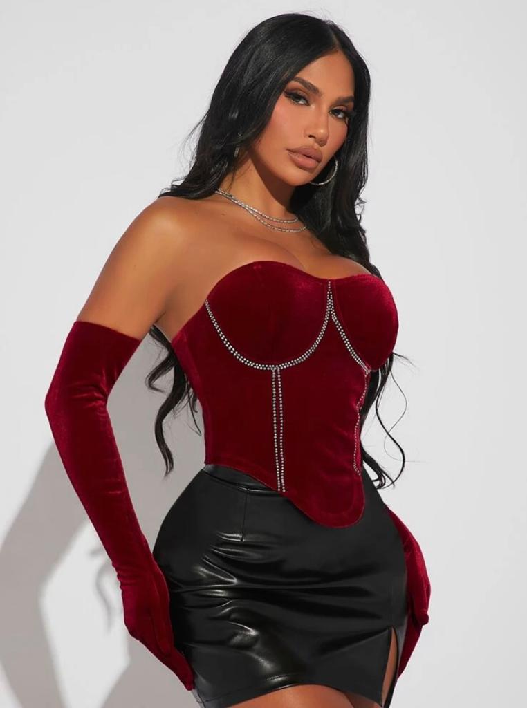 Rhinestone Detail Asymmetrical Hem Velvet Tube Top & Arm Sleeves