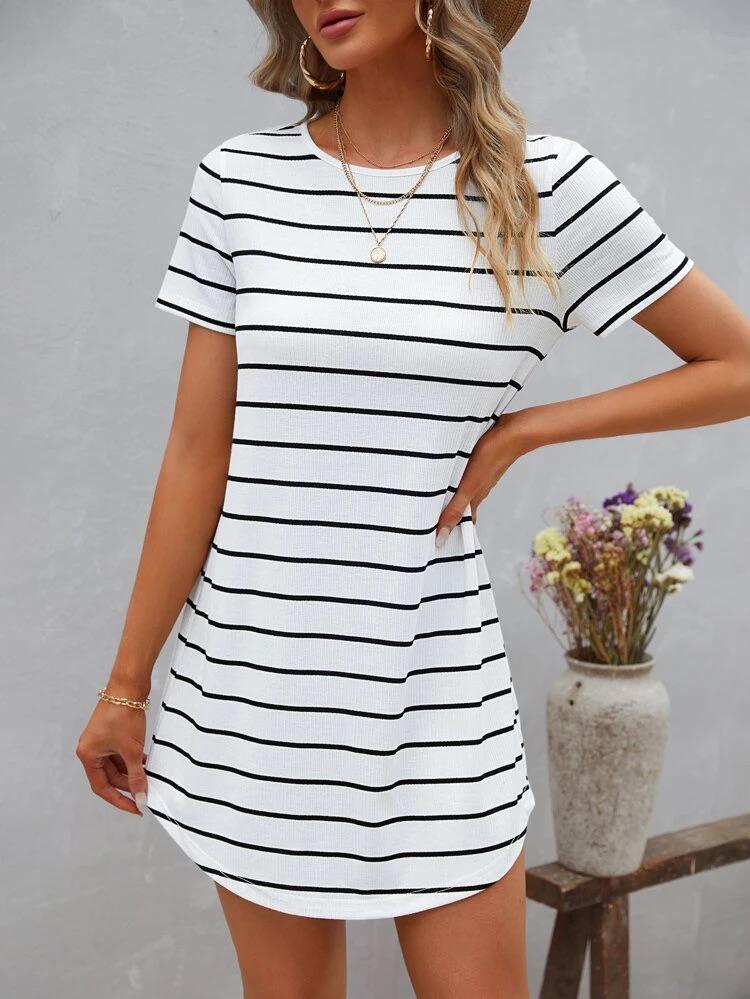 Striped Button Back Curved Hem Tee Dress