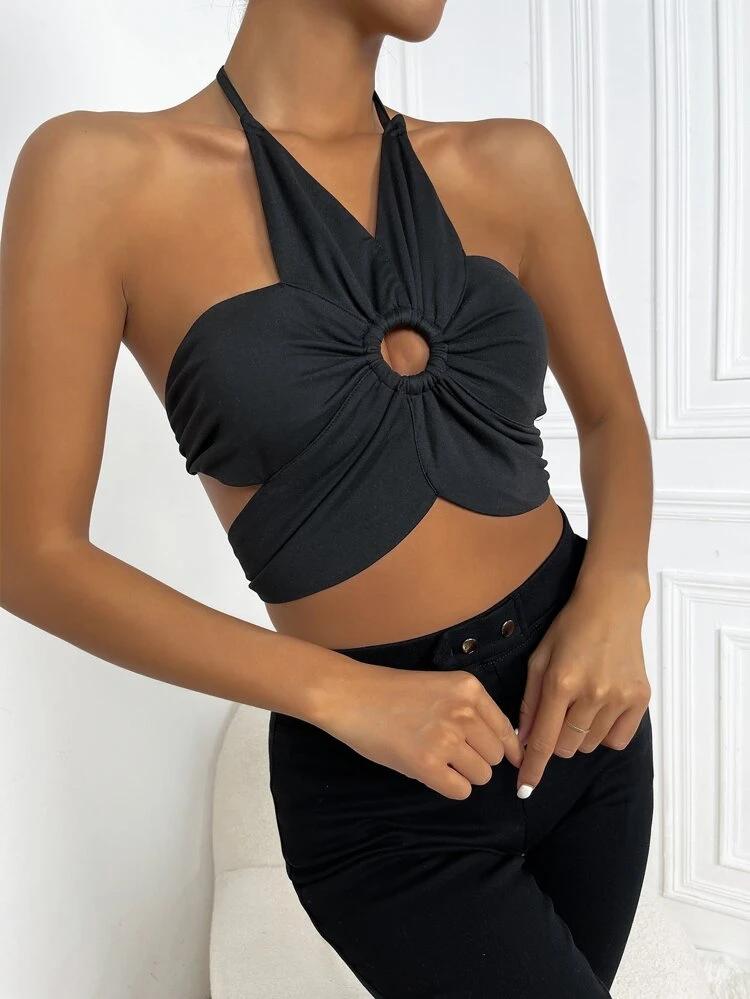 Ring Linked Ruched Tie Backless Halter Top freeshipping - Kendiee